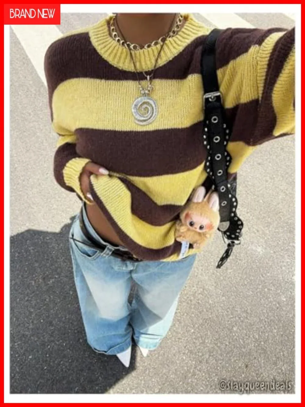 Striped Crewneck Long Sleeve Loose Knitted Pullover Sweater
